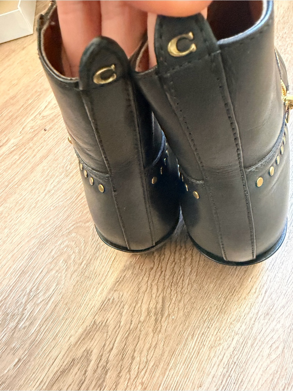 Coach Black Leather Ankle Boots with Gold Stud Accents - Picture 5 of 14